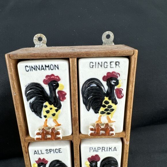 Spice Rack Vintage MCM 1950's Ceramic and Wood Roosters 4 Total Shakers - Picture 2 of 16